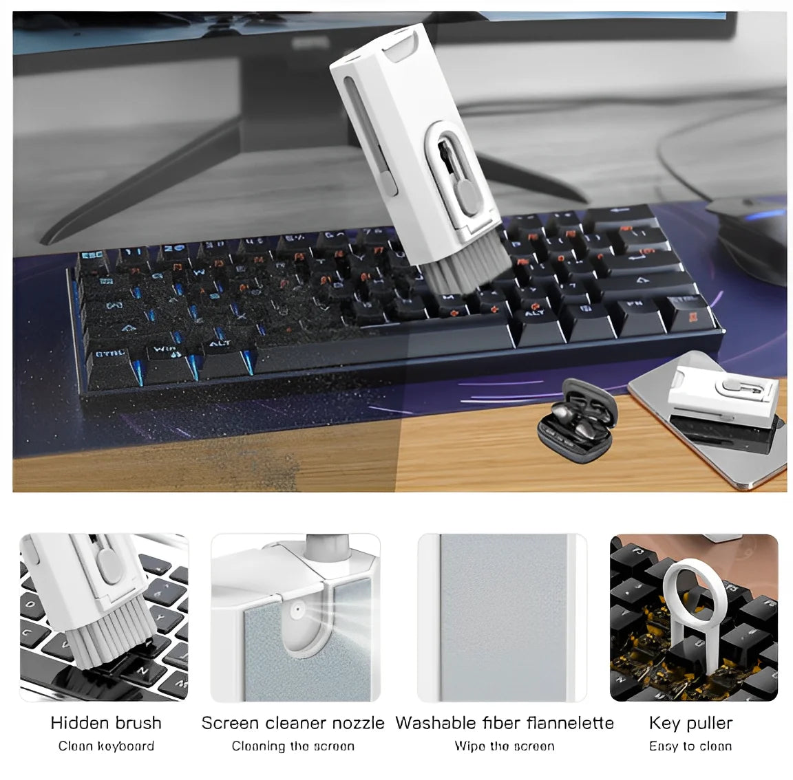 Kit de escova de limpeza de teclado portátil multifuncional 8 em 1 para computador/fone de ouvido/ferramentas - Neverdie Store