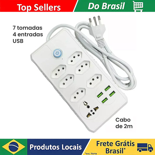 Extensão Elétrica 7 Tomadas Régua Bivolt C/ 4 Usb Cabo 2m